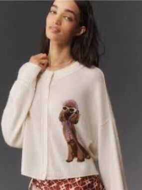 Anthropologie Goldie Embroidered Dog Cardigan Cashmere Sweater